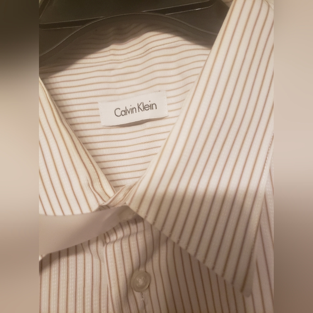 Calvin Klein Men's Beige Striped Dress Shirt